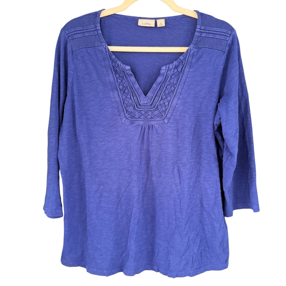 C2 L.L.Bean Top Embroidered Split Neck 3/4 Sleeve Boho Slub Knit Cotton 292567